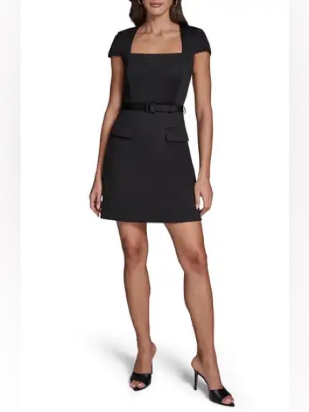 40. BCBG โข NWT $149 US Black Square-Neck Short Sleeve Mini Dress with Belt